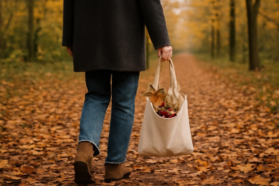 Person walking through an autumn lane with fallen leaves and a small bag for collecting finds